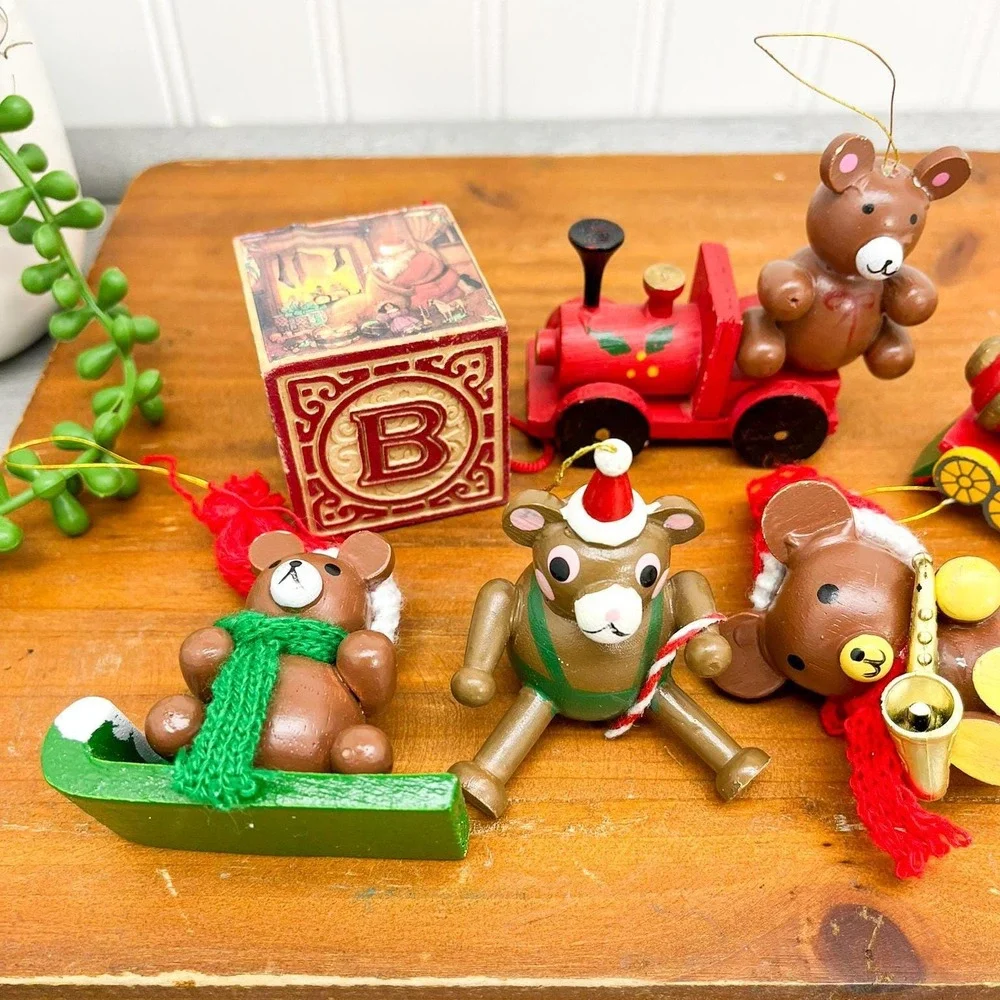 Vintage Wooden Christmas‎ Ornaments, Teddy Bear & Train Ornaments Set of 6